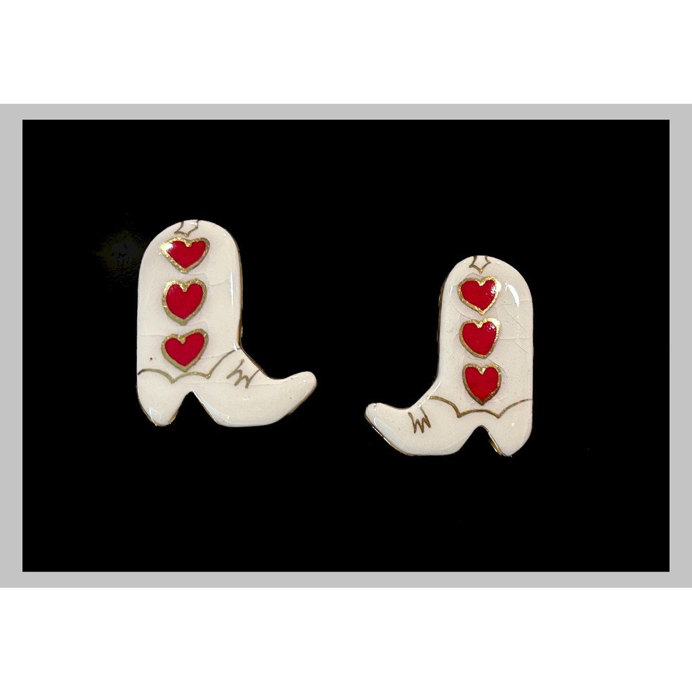 White Enamel Cowboy Boot Stud Earrings Red Hearts Gold Tone Western Rodeo Style